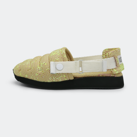 Mateo Slippers with a happy medium branding, featuring a herringbone pattern on the outsole and an adjustable strap lateral view