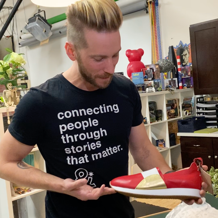 Sonic the Hedgehog Inspired custom shoe and Troy Baker + RetroReplay team